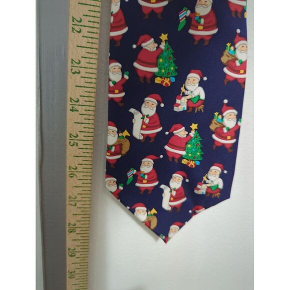 Vintage John Henry Christmas Tree Santa Tie Blue 100%‎ Silk Necktie Made In USA - Picture 6 of 6